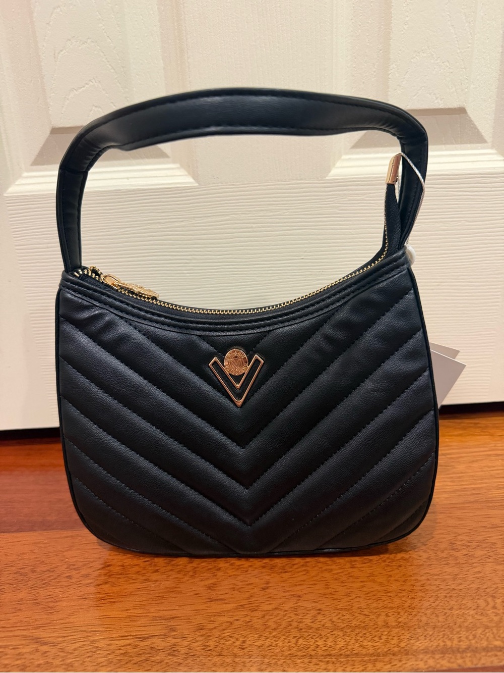 Quilted Shoulder Bag in Black with Gold Accent